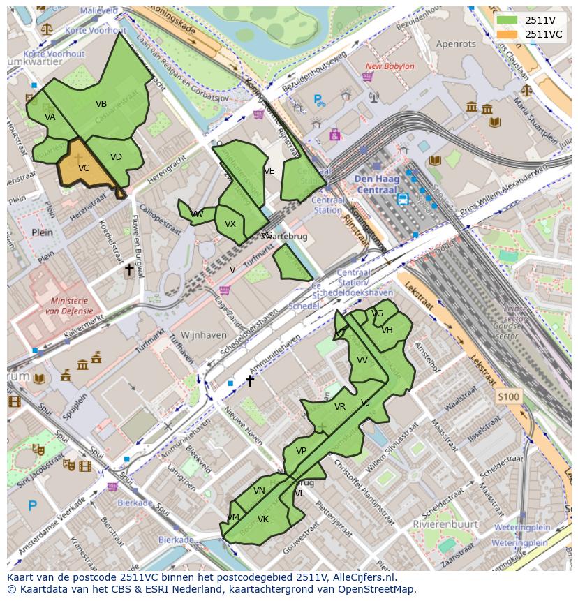 Afbeelding van het postcodegebied 2511 VC op de kaart.