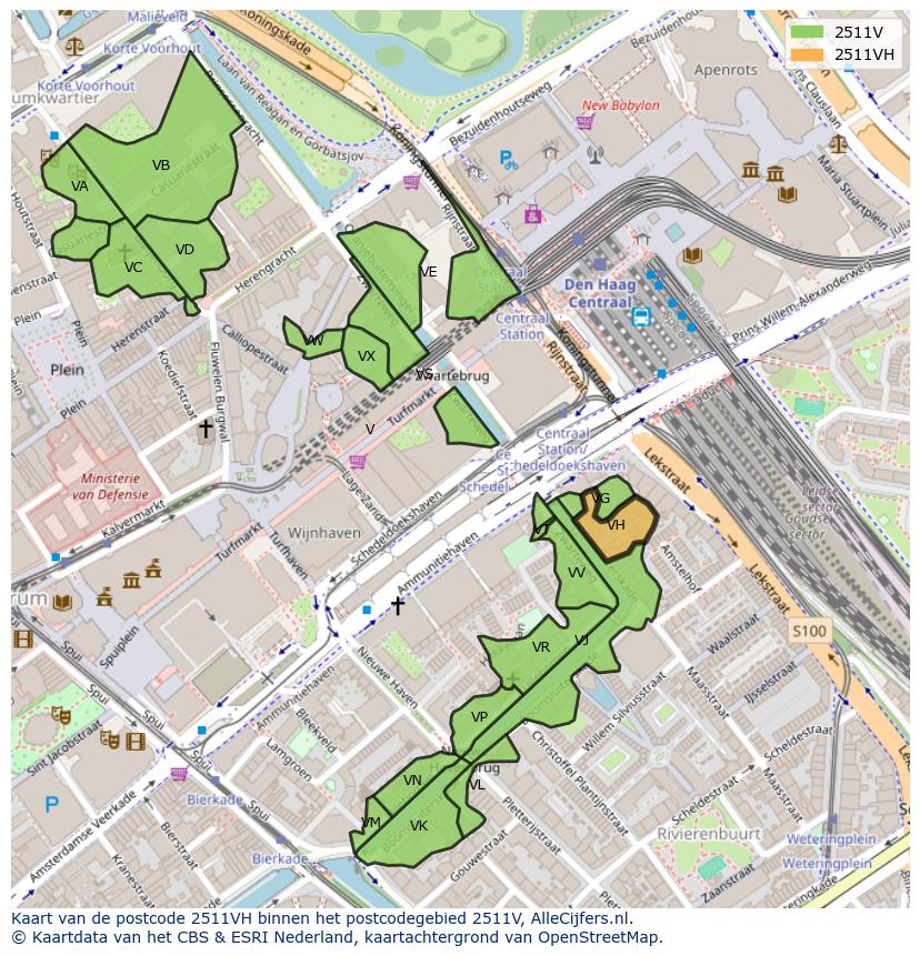 Afbeelding van het postcodegebied 2511 VH op de kaart.