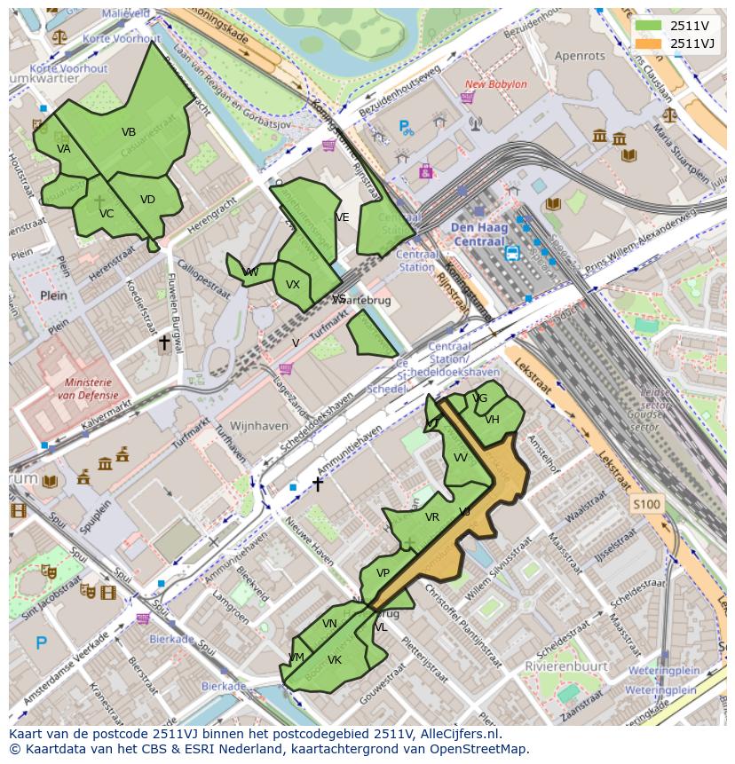 Afbeelding van het postcodegebied 2511 VJ op de kaart.