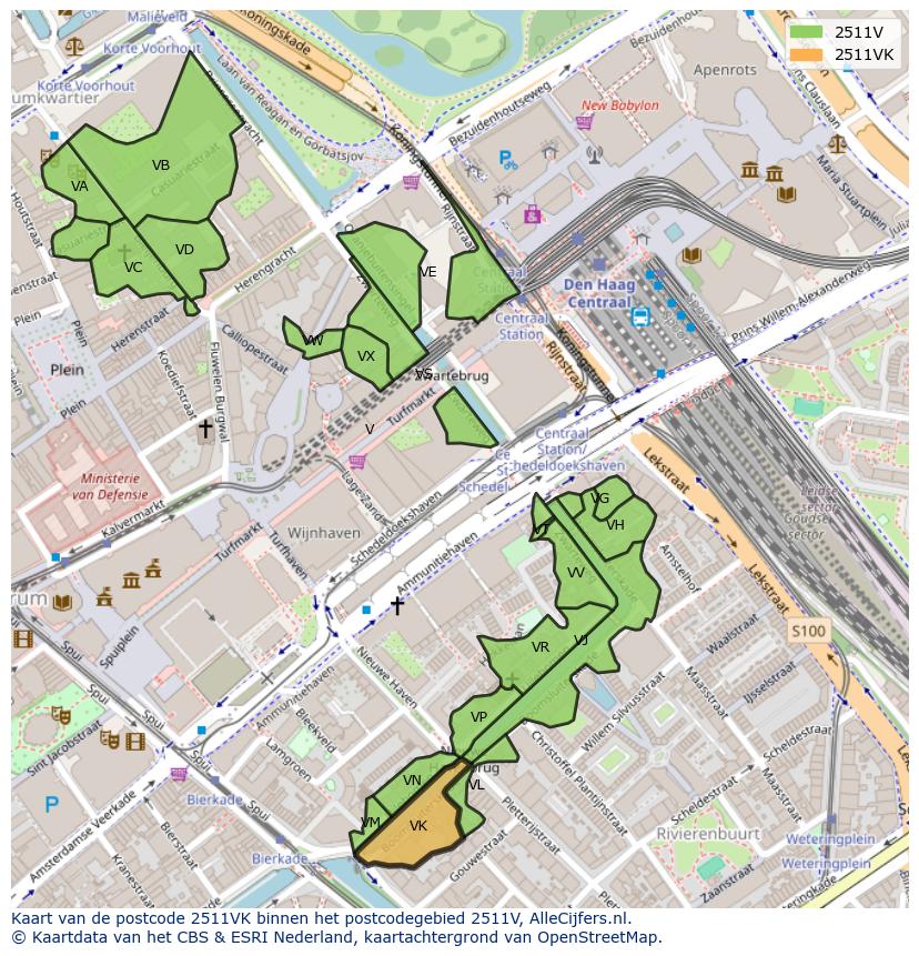 Afbeelding van het postcodegebied 2511 VK op de kaart.