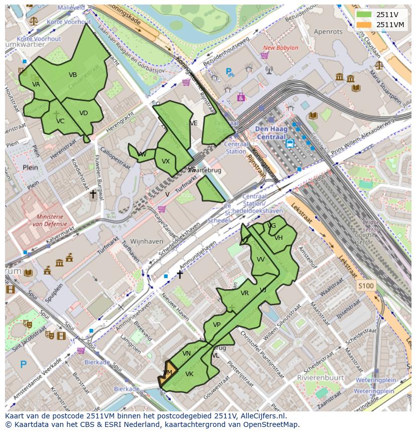 Afbeelding van het postcodegebied 2511 VM op de kaart.