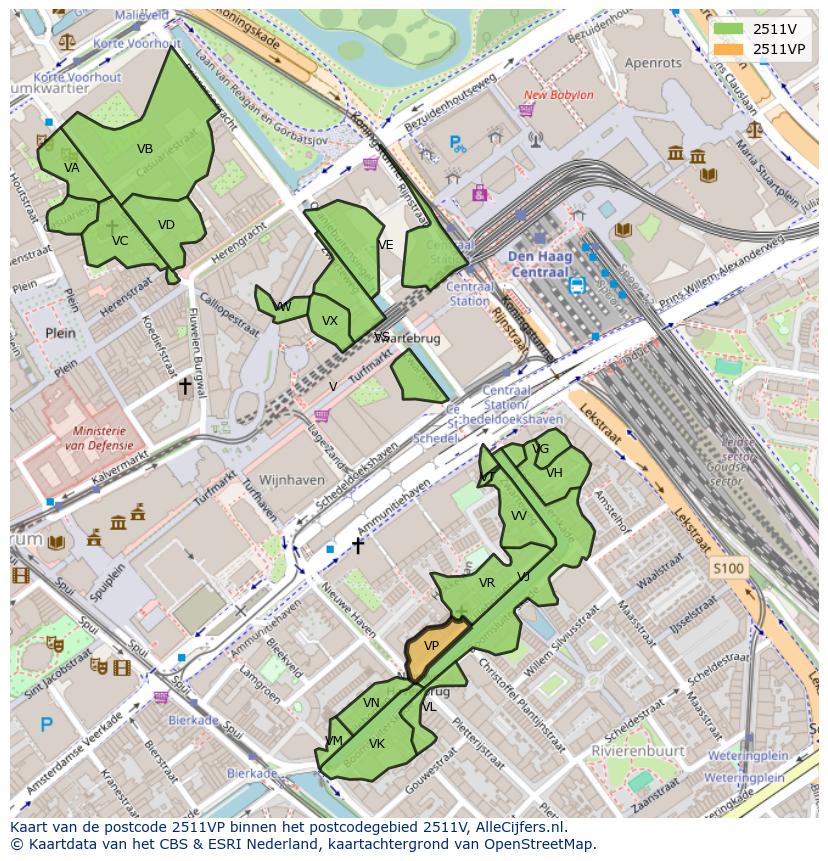 Afbeelding van het postcodegebied 2511 VP op de kaart.