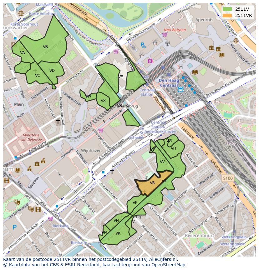 Afbeelding van het postcodegebied 2511 VR op de kaart.