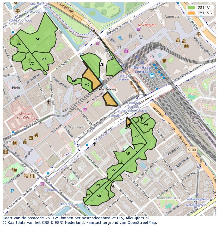 Afbeelding van het postcodegebied 2511 VS op de kaart.