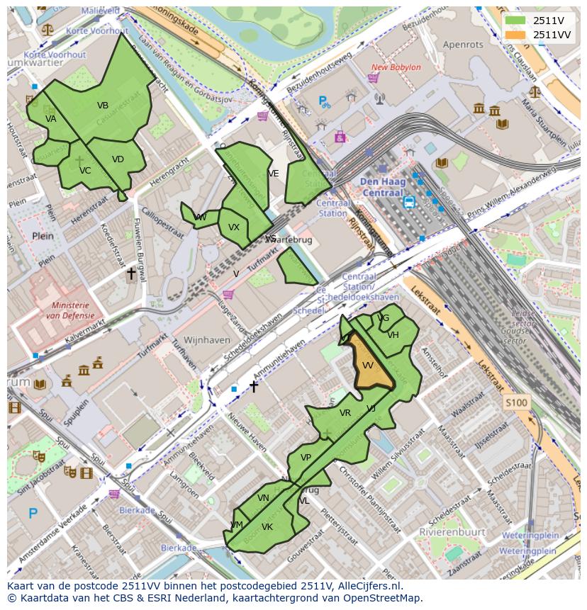 Afbeelding van het postcodegebied 2511 VV op de kaart.