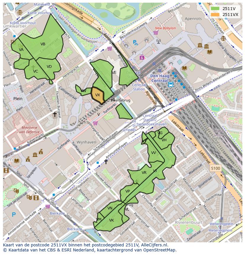 Afbeelding van het postcodegebied 2511 VX op de kaart.