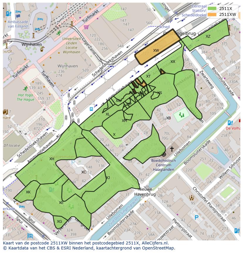 Afbeelding van het postcodegebied 2511 XW op de kaart.