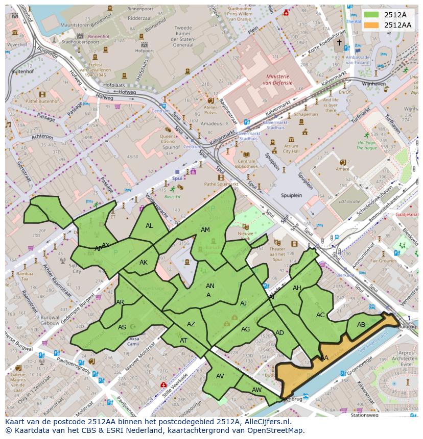 Afbeelding van het postcodegebied 2512 AA op de kaart.