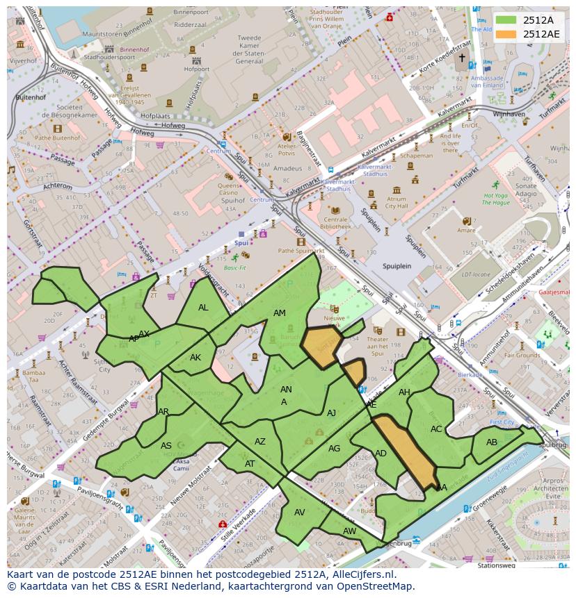 Afbeelding van het postcodegebied 2512 AE op de kaart.