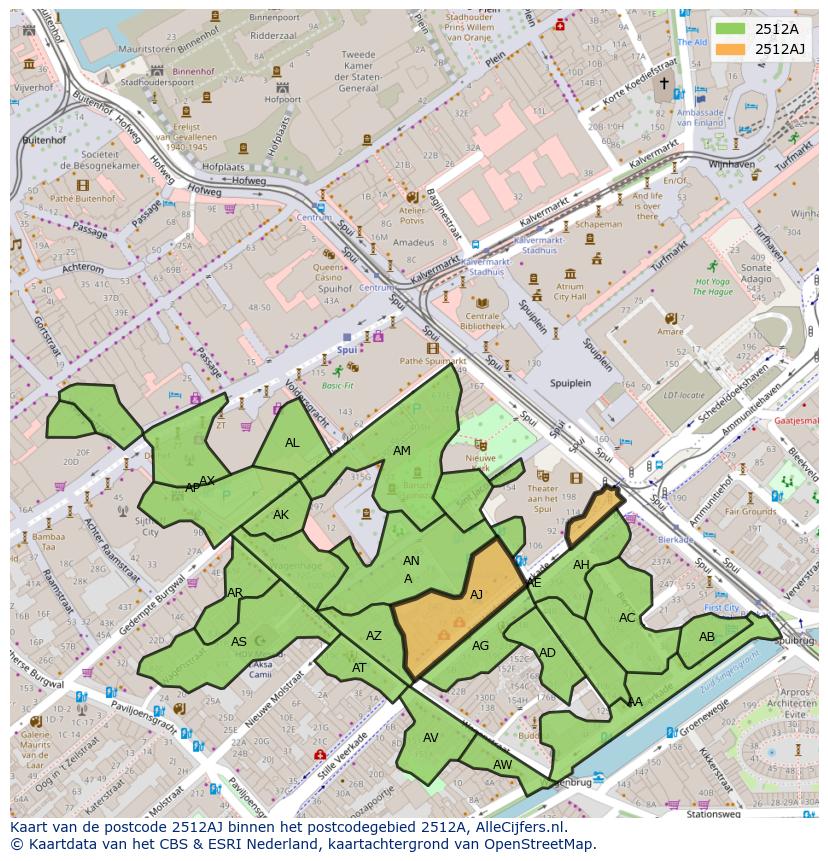 Afbeelding van het postcodegebied 2512 AJ op de kaart.