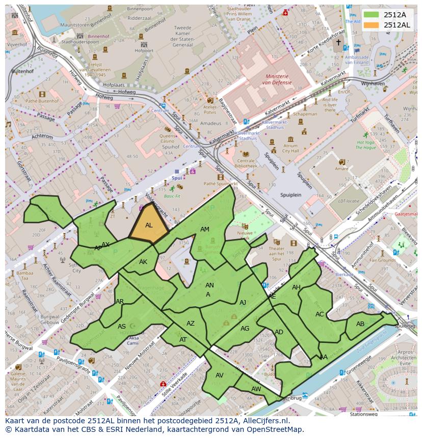 Afbeelding van het postcodegebied 2512 AL op de kaart.