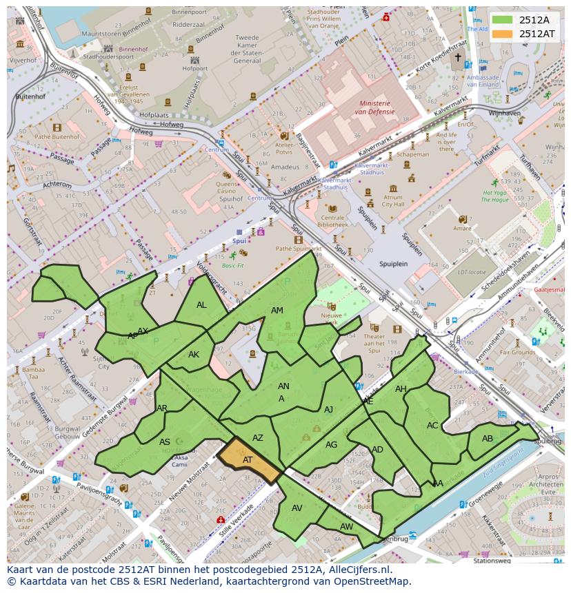 Afbeelding van het postcodegebied 2512 AT op de kaart.
