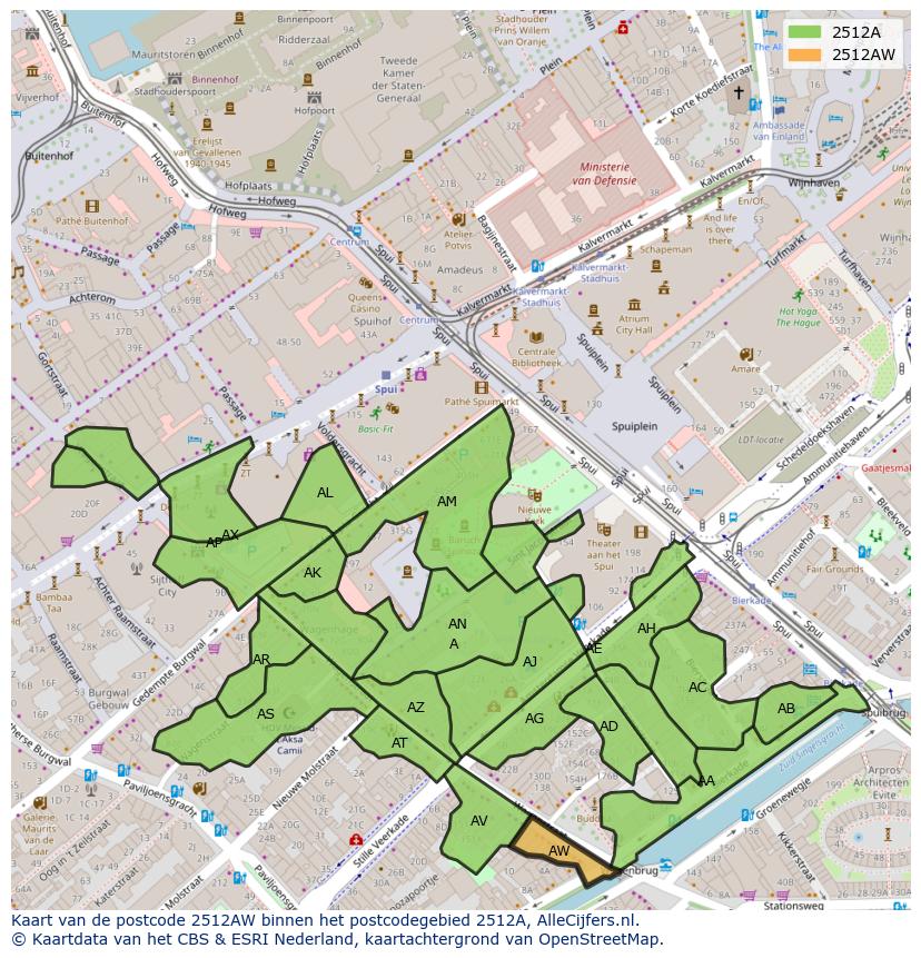 Afbeelding van het postcodegebied 2512 AW op de kaart.