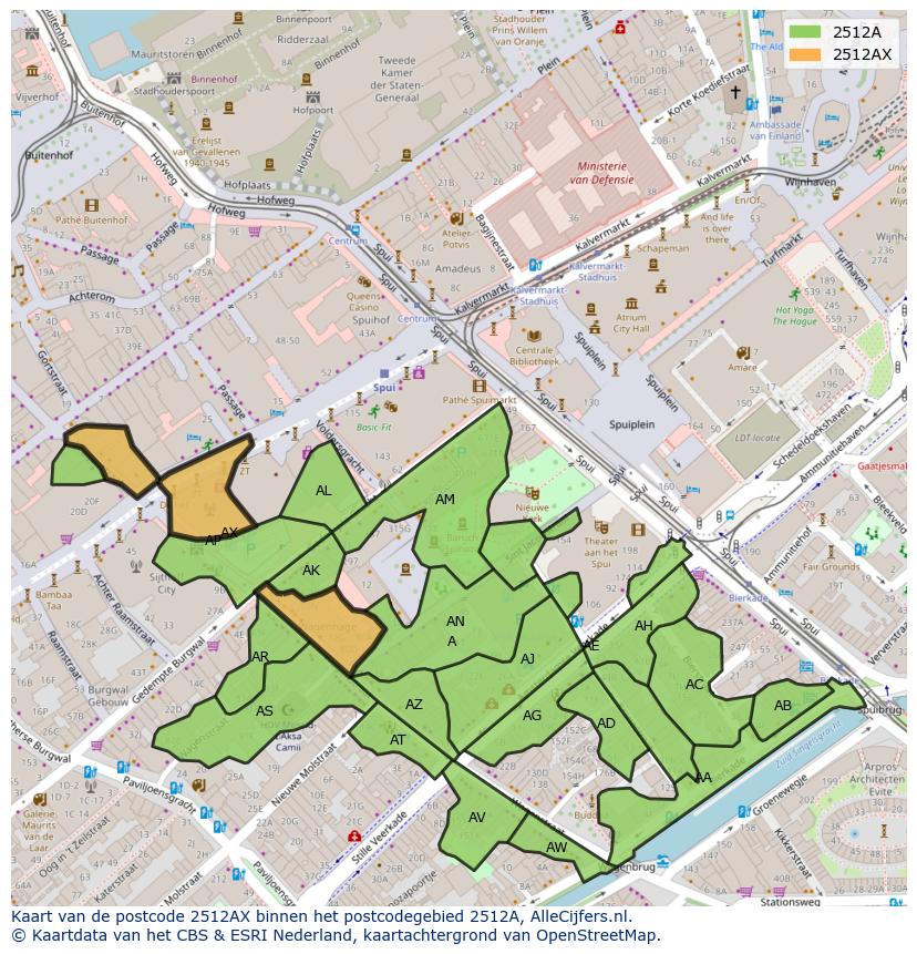 Afbeelding van het postcodegebied 2512 AX op de kaart.