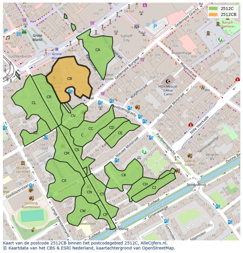Afbeelding van het postcodegebied 2512 CB op de kaart.