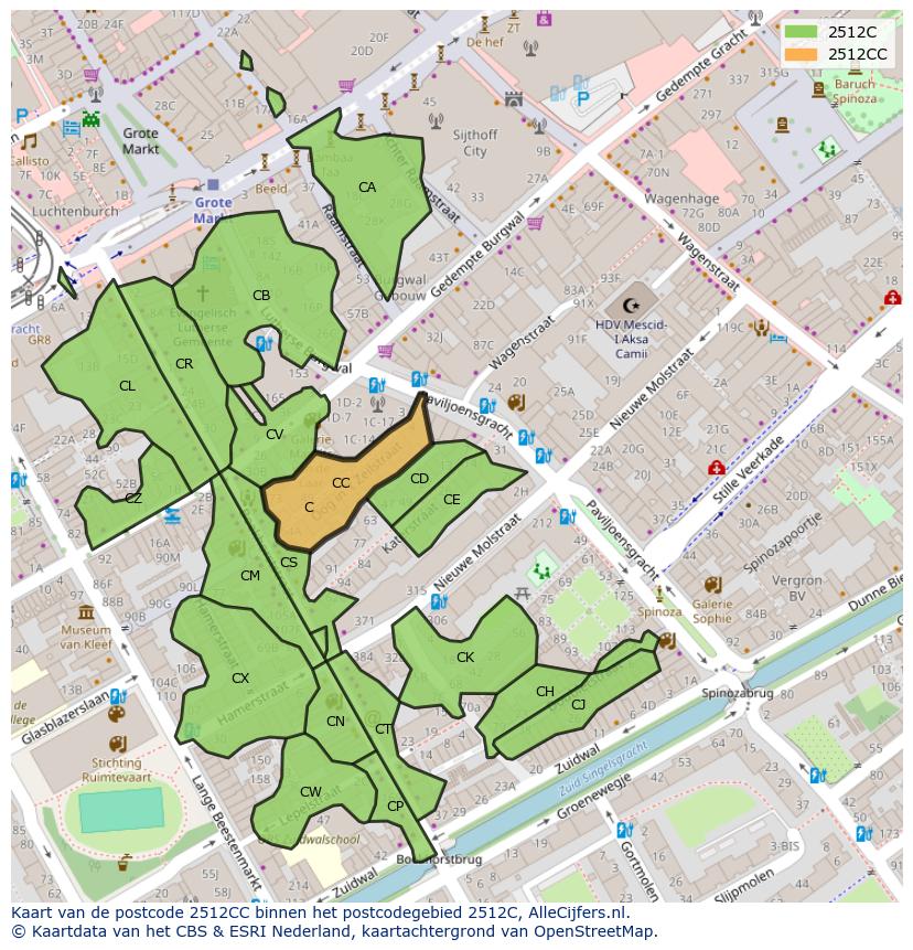 Afbeelding van het postcodegebied 2512 CC op de kaart.