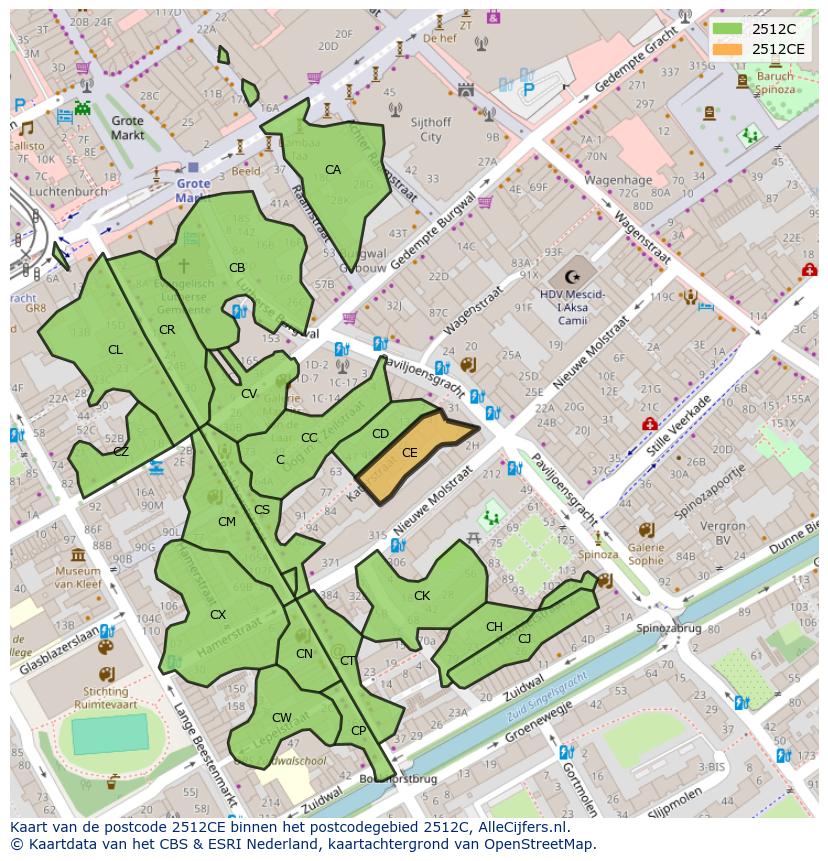 Afbeelding van het postcodegebied 2512 CE op de kaart.