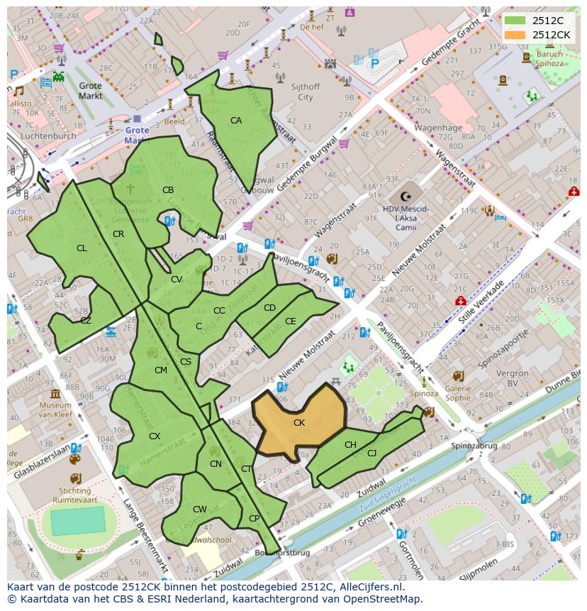 Afbeelding van het postcodegebied 2512 CK op de kaart.