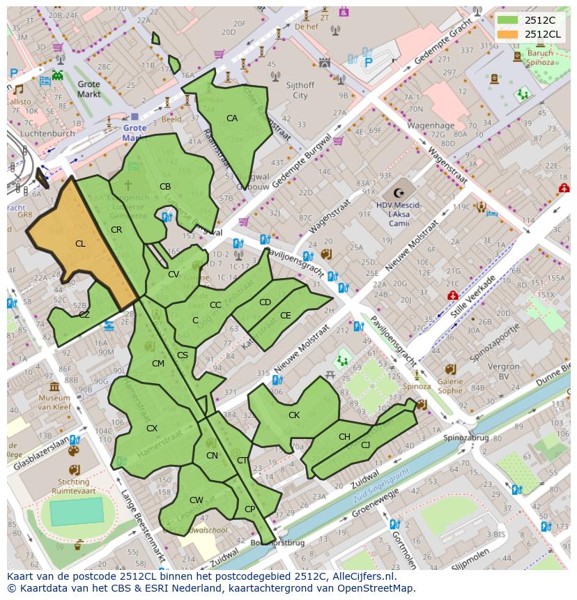 Afbeelding van het postcodegebied 2512 CL op de kaart.
