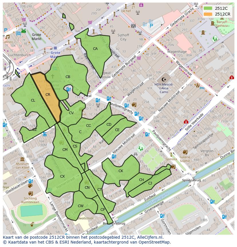Afbeelding van het postcodegebied 2512 CR op de kaart.