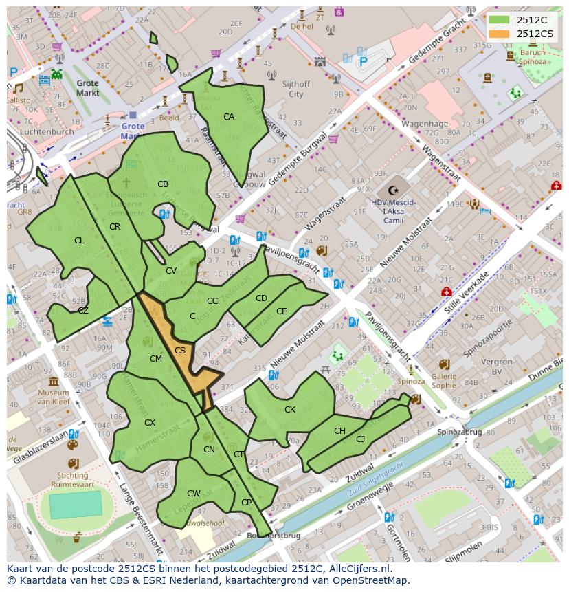 Afbeelding van het postcodegebied 2512 CS op de kaart.