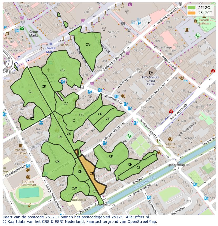 Afbeelding van het postcodegebied 2512 CT op de kaart.