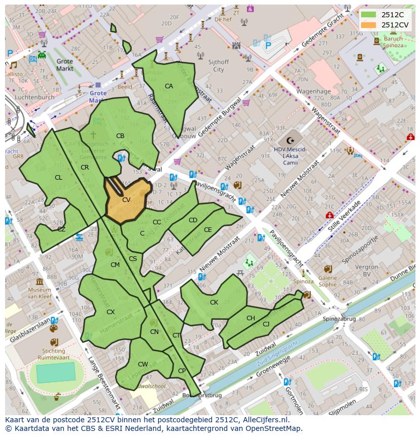 Afbeelding van het postcodegebied 2512 CV op de kaart.