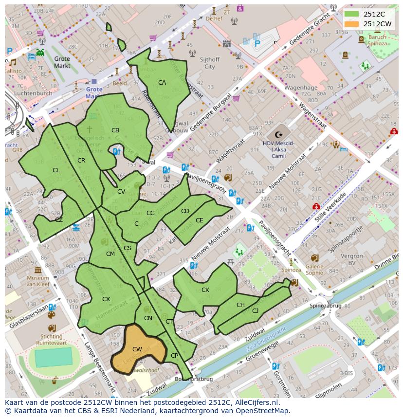 Afbeelding van het postcodegebied 2512 CW op de kaart.