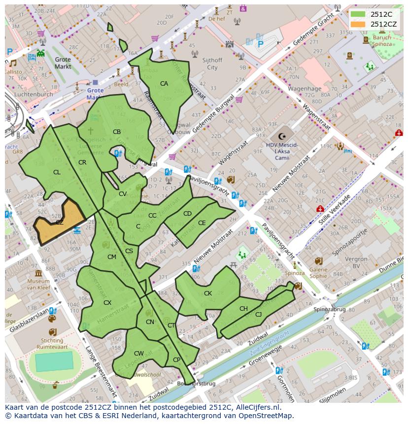 Afbeelding van het postcodegebied 2512 CZ op de kaart.