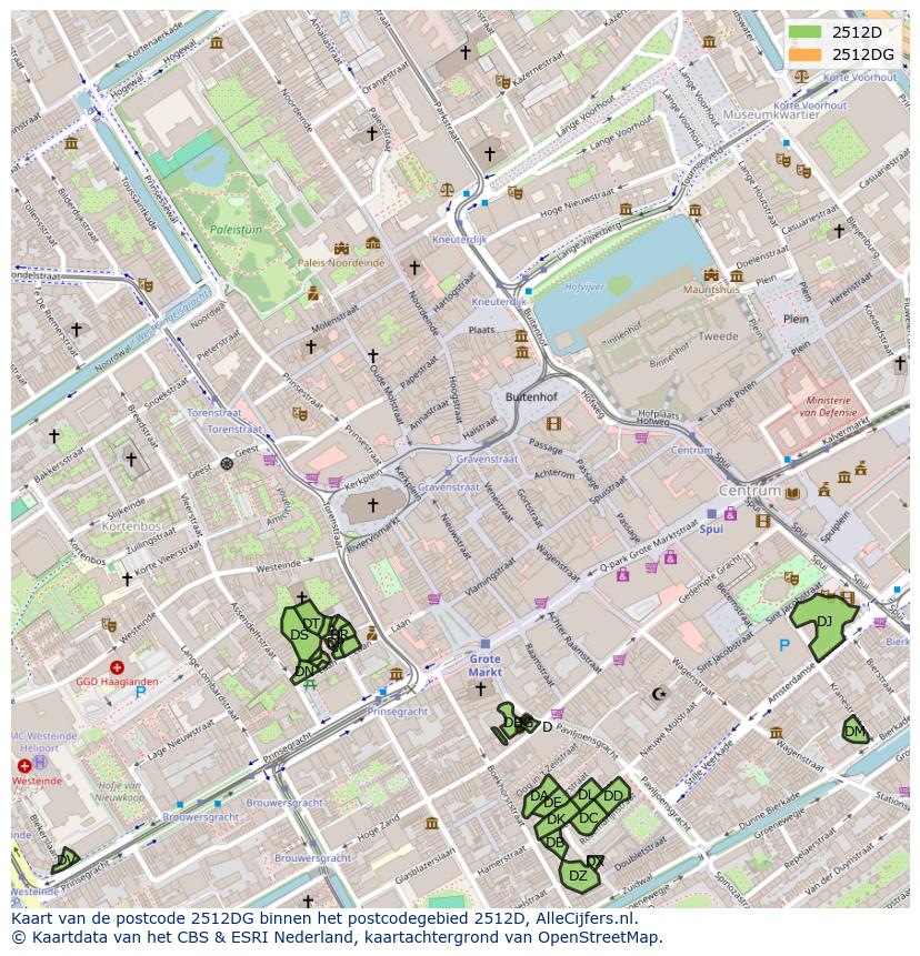 Afbeelding van het postcodegebied 2512 DG op de kaart.