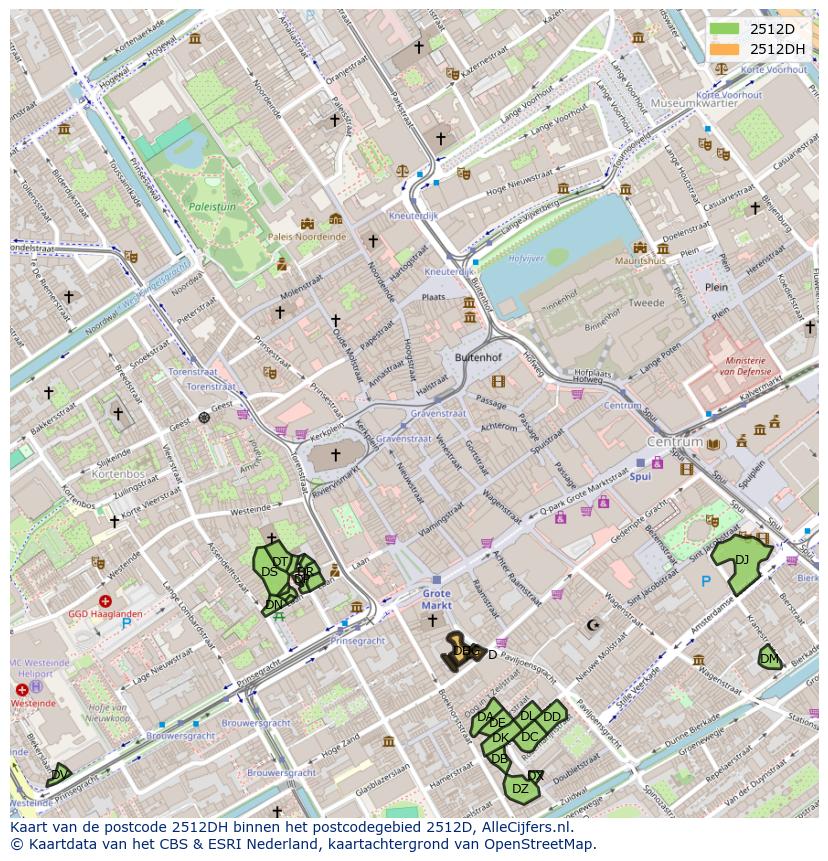 Afbeelding van het postcodegebied 2512 DH op de kaart.