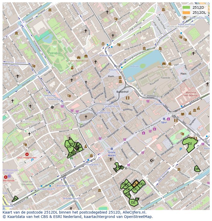 Afbeelding van het postcodegebied 2512 DL op de kaart.