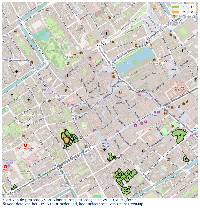 Afbeelding van het postcodegebied 2512 DS op de kaart.