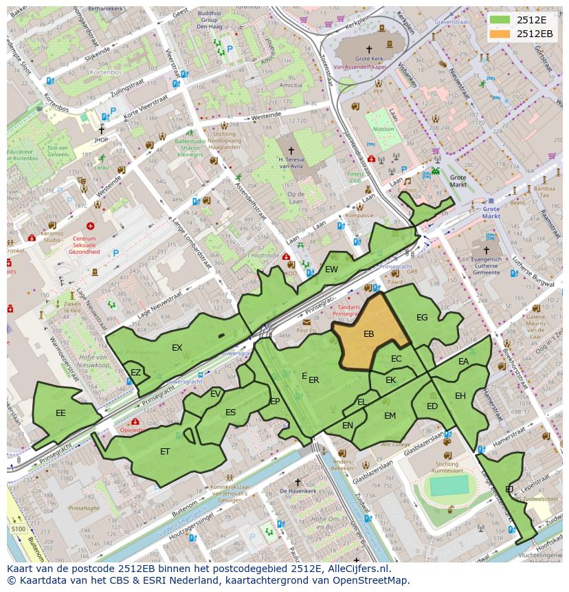 Afbeelding van het postcodegebied 2512 EB op de kaart.