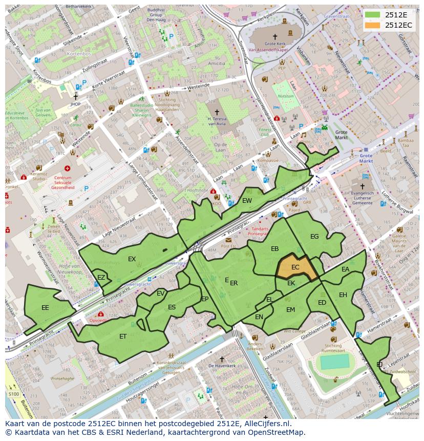 Afbeelding van het postcodegebied 2512 EC op de kaart.