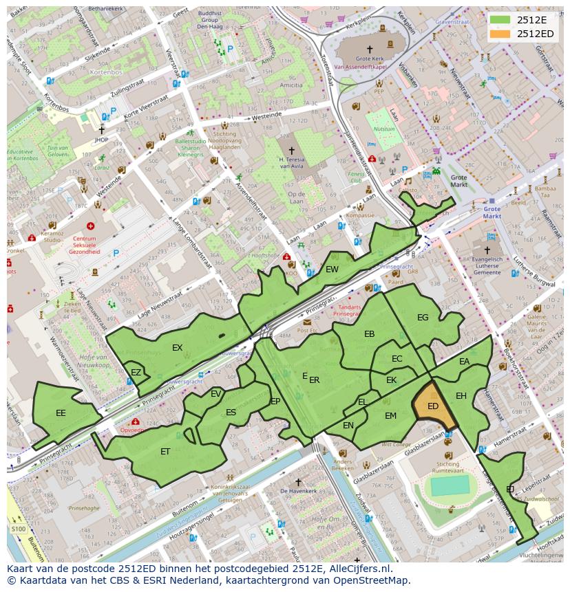 Afbeelding van het postcodegebied 2512 ED op de kaart.
