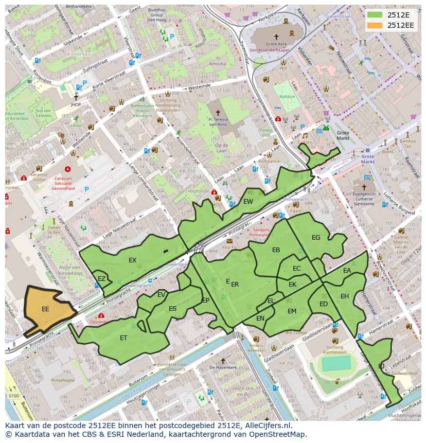 Afbeelding van het postcodegebied 2512 EE op de kaart.