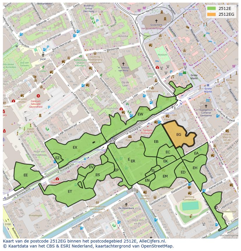 Afbeelding van het postcodegebied 2512 EG op de kaart.