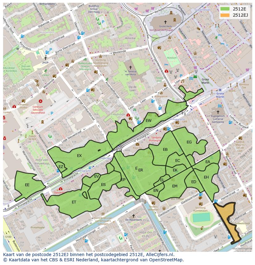 Afbeelding van het postcodegebied 2512 EJ op de kaart.