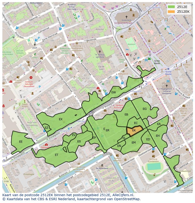 Afbeelding van het postcodegebied 2512 EK op de kaart.