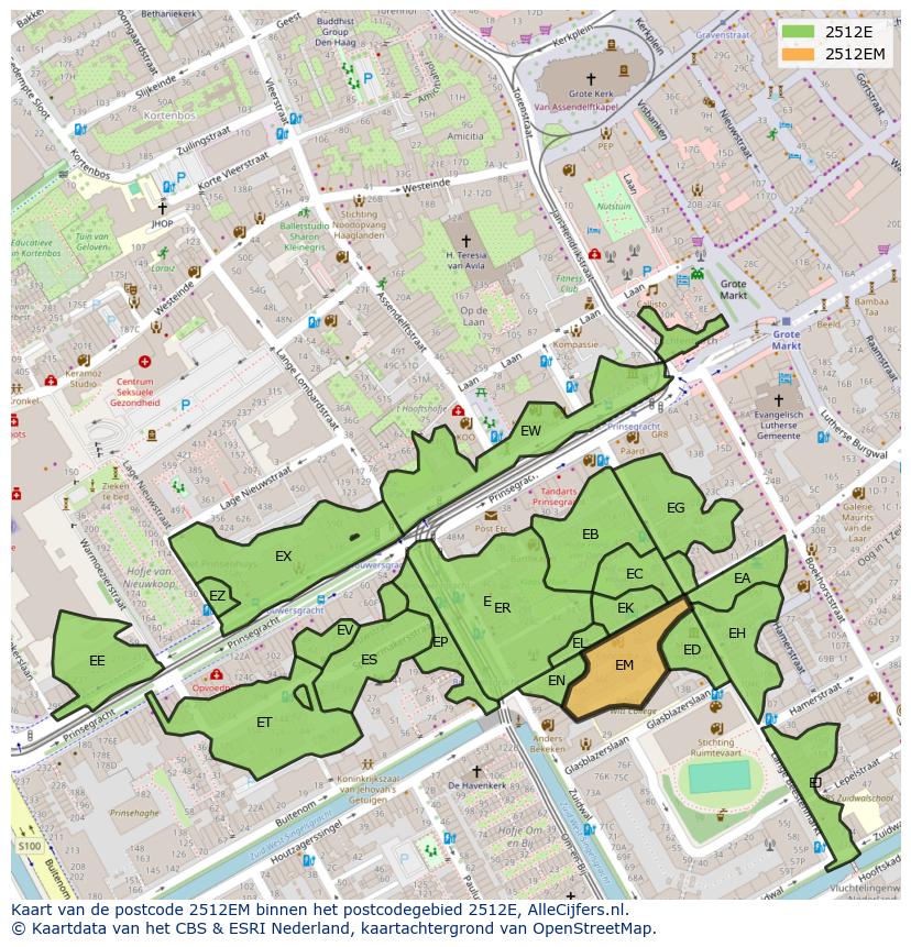 Afbeelding van het postcodegebied 2512 EM op de kaart.