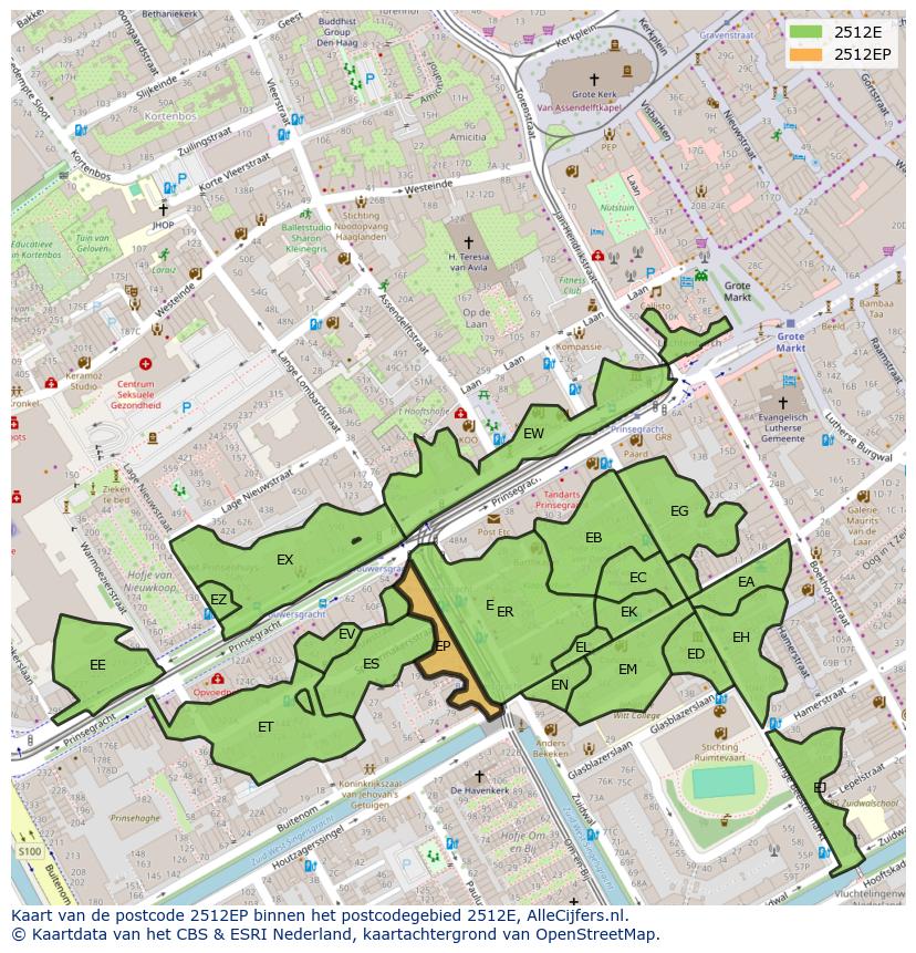 Afbeelding van het postcodegebied 2512 EP op de kaart.