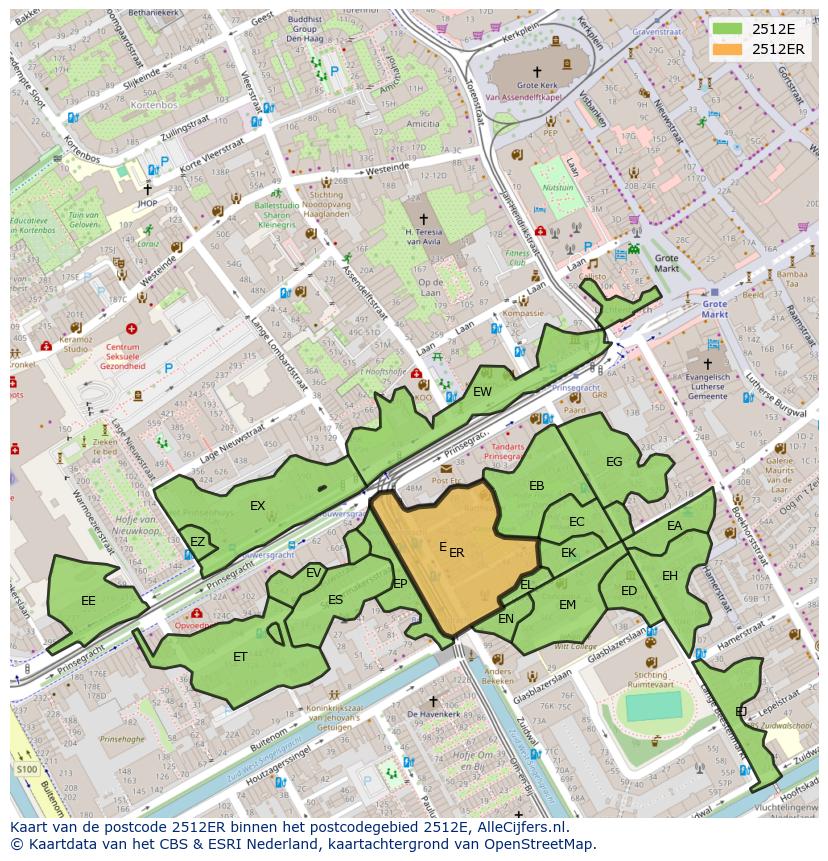 Afbeelding van het postcodegebied 2512 ER op de kaart.