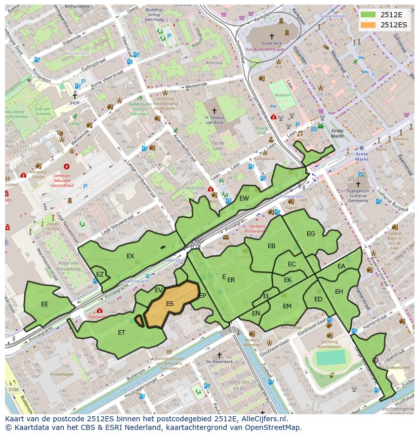 Afbeelding van het postcodegebied 2512 ES op de kaart.