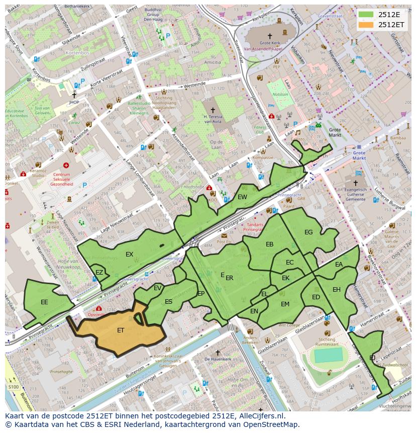 Afbeelding van het postcodegebied 2512 ET op de kaart.