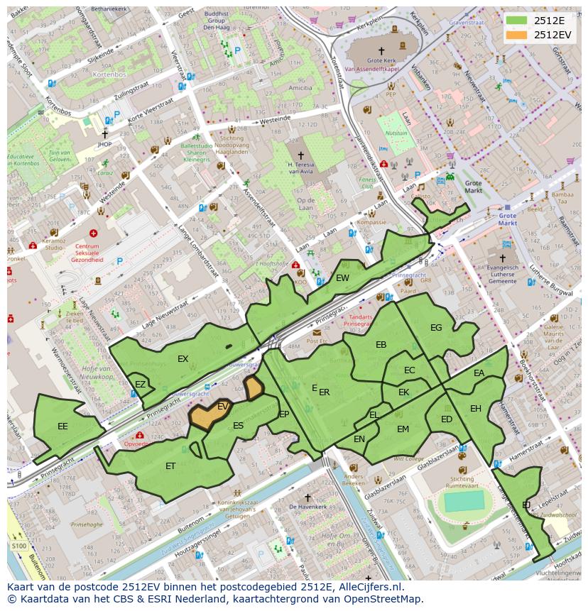 Afbeelding van het postcodegebied 2512 EV op de kaart.