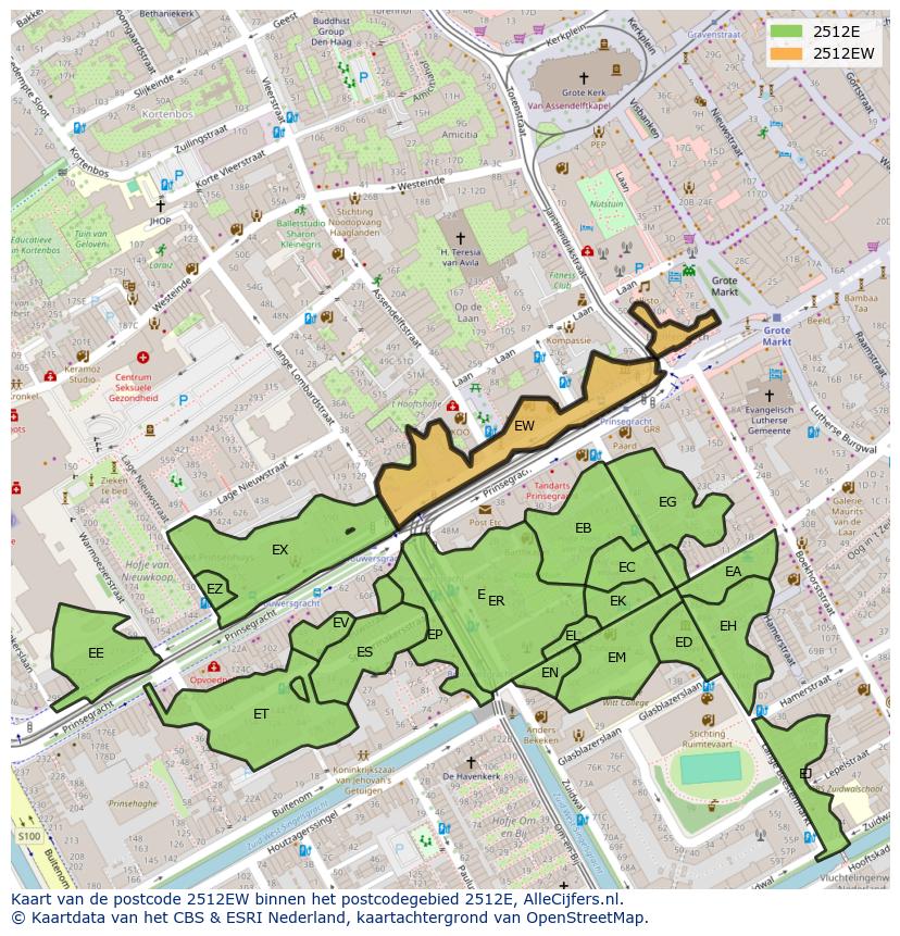 Afbeelding van het postcodegebied 2512 EW op de kaart.