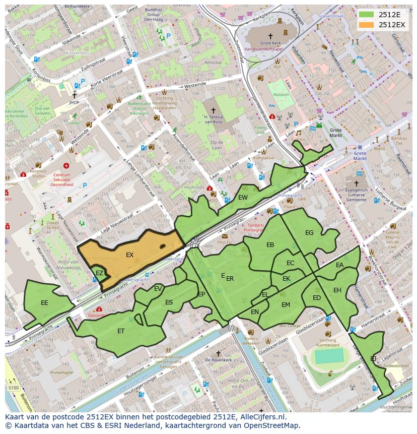 Afbeelding van het postcodegebied 2512 EX op de kaart.