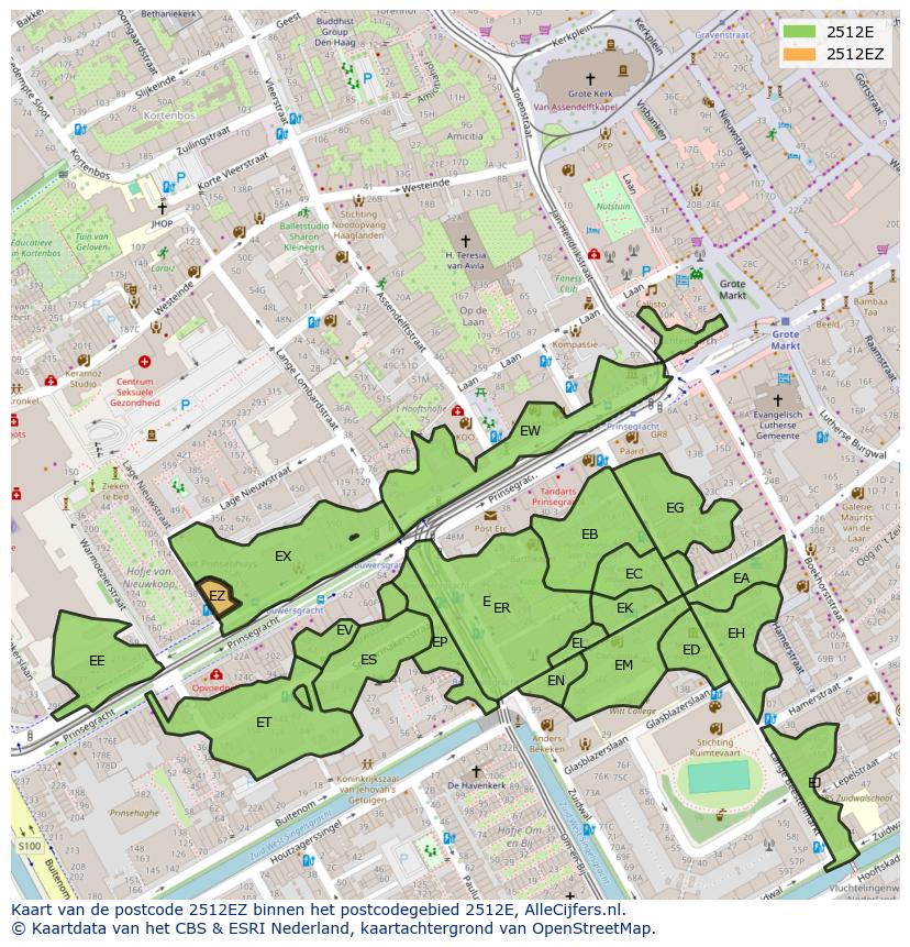 Afbeelding van het postcodegebied 2512 EZ op de kaart.