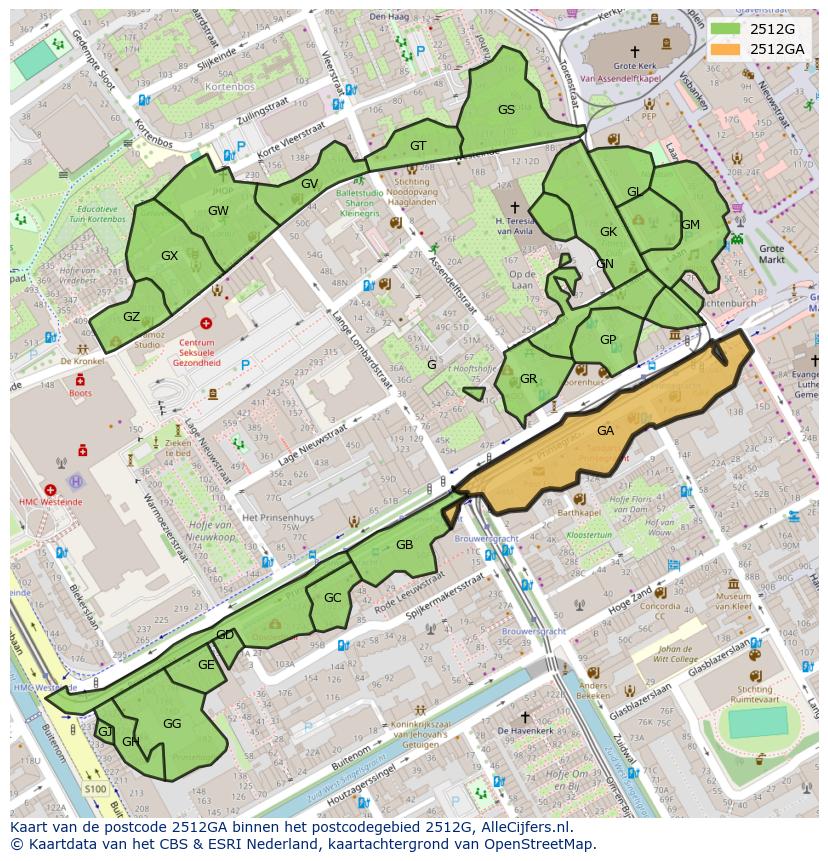 Afbeelding van het postcodegebied 2512 GA op de kaart.